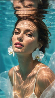 AI-generated image of a woman underwater with orchid flowers