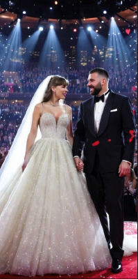 AI-generated image of Taylor Swift in a wedding dress at a stage event