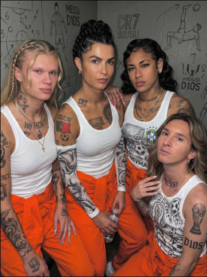 AI-generated image of women styled in Cristiano Ronaldo, Lionel Messi, and Neymar themed attire