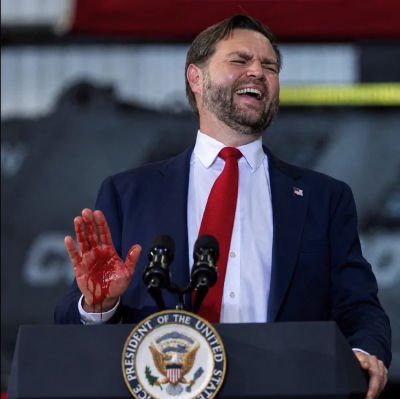 AI-generated image of JD Vance speaking at a presidential podium with a bloodied hand