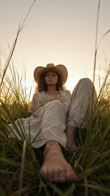 AI-generated image of Zendaya reclining in a grassy field at sunset