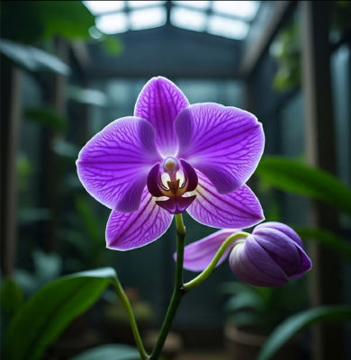 AI-generated image of a purple orchid in a greenhouse