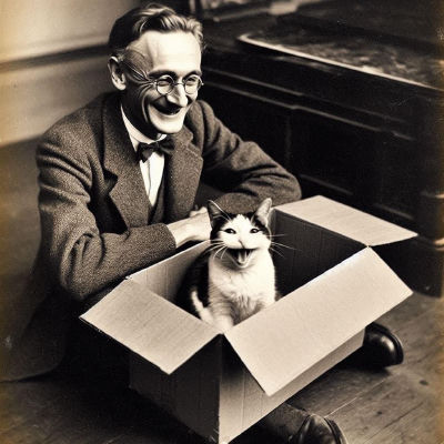 AI-generated photo of Erwin Schrödinger with a cat in a box