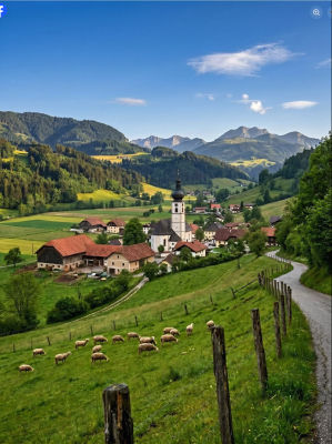 AI-generated Alpine village landscape with church and grazing sheep