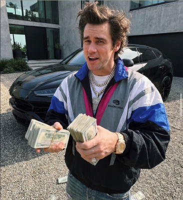 AI-generated image of Jim Carrey holding cash in a Balenciaga jacket