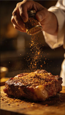AI-generated image of seasoning being sprinkled onto a steak