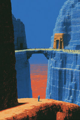 AI-generated Moebius-style illustration of an astronaut in a canyon landscape