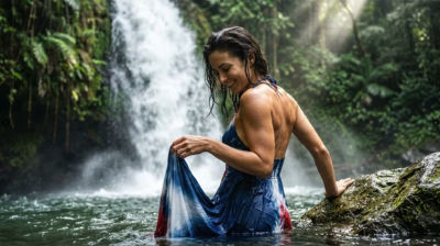 AI-generated image of a woman at a jungle waterfall