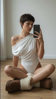AI-generated mirror selfie of an unidentified woman in a white one-shoulder bodysuit
