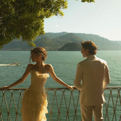 AI-generated wedding image of Zendaya and Tom Holland at a lakeside balcony