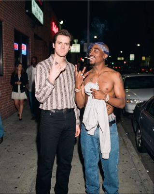 AI-generated image of Jim Carrey and Tupac Shakur on a city street at night
