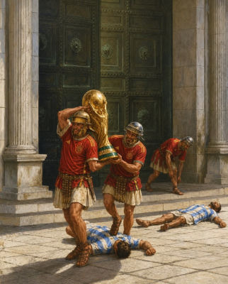 AI-generated illustration of Spain gladiators lifting the World Cup over fallen Argentina players