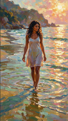 AI-generated painting of a woman walking on a beach at sunset