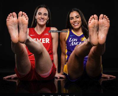 Deepfake of Kelsey Plum and Caitlin Clark posing with feet in WNBA jerseys