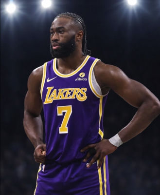 AI-generated image of Jaylen Brown in a Lakers #7 jersey
