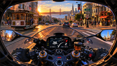 AI-generated motorcycle POV scene in San Francisco with cable car and Golden Gate Bridge