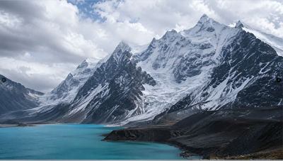 AI-generated mountain landscape with turquoise glacial lake