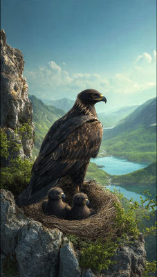 AI-generated illustration of an eagle with two chicks in a mountain nest