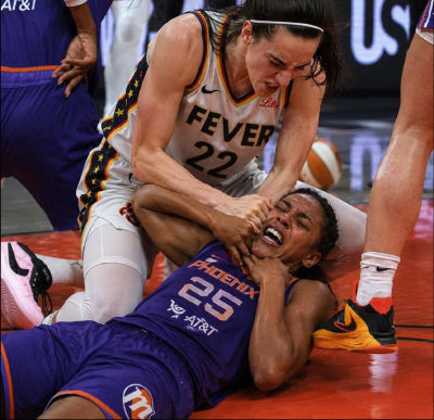 AI-generated image of Caitlin Clark in on-court collision with Phoenix Mercury player