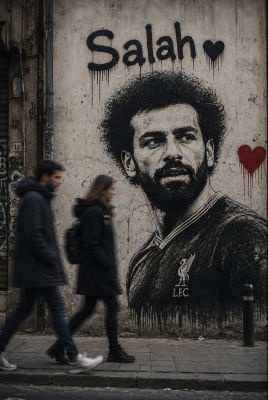 AI-generated image of a Mohamed Salah mural on a street wall