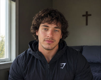 AI-generated image of a man in a black puffer jacket indoors