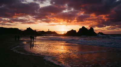 AI-generated beach sunset scene with silhouetted figures and lighthouse