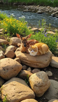 AI-generated image of a fawn and a cat resting together by a stream
