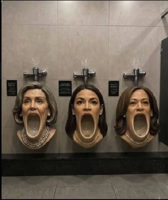 AI-generated image of Nancy Pelosi, Kamala Harris, and a third woman depicted as urinal sculptures