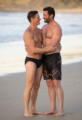 AI-generated image of Hugh Jackman and Kieren Fallon embracing on a beach