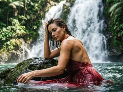 AI-generated image of a woman in a red dress by a waterfall