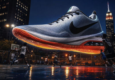 AI-generated image of Jason Worilds playing basketball beneath a giant Nike shoe in New York