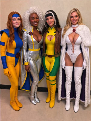 AI-generated image of Leila Lopes, Samara Weaving, and Marianne Fortier in X-Men cosplay