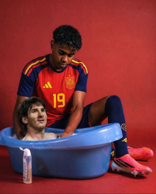 AI-generated image of a shirtless man in a bathtub with a young player in a Spain national team kit