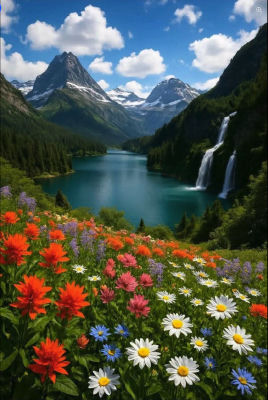 AI-generated mountain lake landscape with wildflower meadow