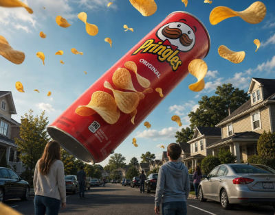 AI-generated giant Pringles can towering over a suburban street