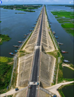 AI-generated aerial view of a causeway across a river wetland with boats