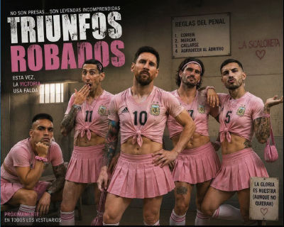 AI-generated image of Messi, Di María, Lautaro Martínez, and De Paul in pink skirts