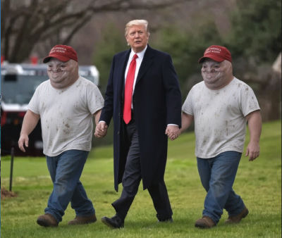 Deepfake of Donald Trump walking with two distorted figures on a lawn