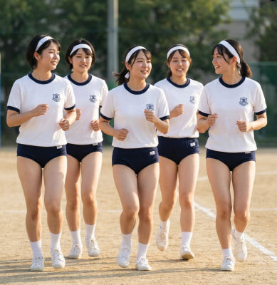 AI-generated image of young women in Japanese school athletic uniforms jogging on a field