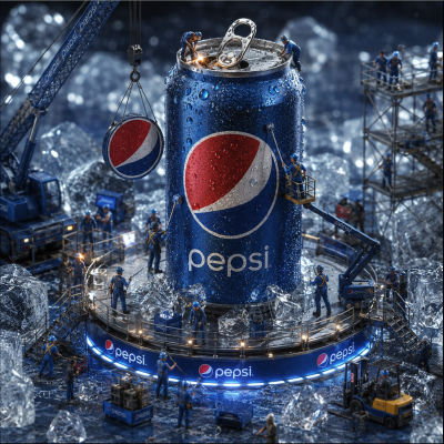 AI-generated image of a giant Pepsi can being constructed by workers