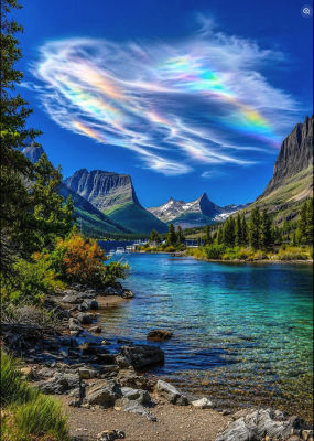 AI-generated mountain lake landscape with iridescent rainbow clouds