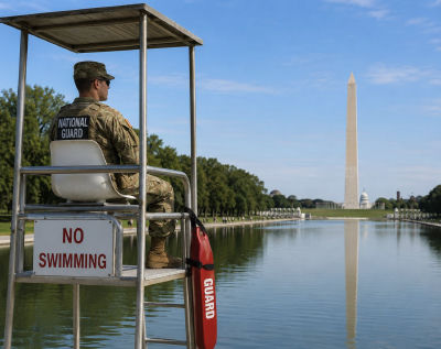 AI-generated image of a National Guard member on lifeguard duty at the National Mall