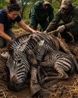 AI-generated image of wildlife rangers rescuing zebras stuck in mud