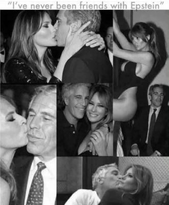 Deepfake collage of Melania Trump and Jeffrey Epstein with captions