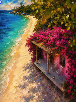 AI-generated painting of a tropical beach cottage covered in bougainvillea