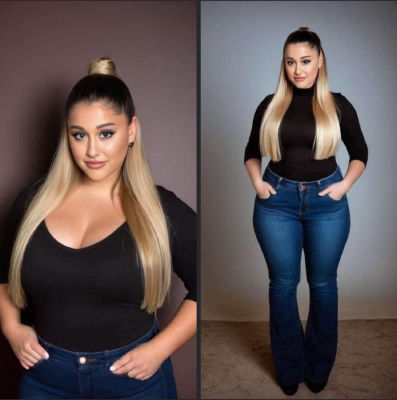 Deepfake of Ariana Grande in a two-panel fashion portrait