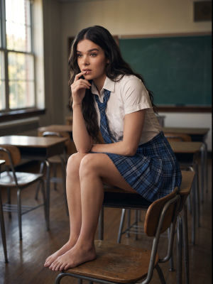 Deepfake of Hailee Steinfeld in school uniform seated on a classroom desk