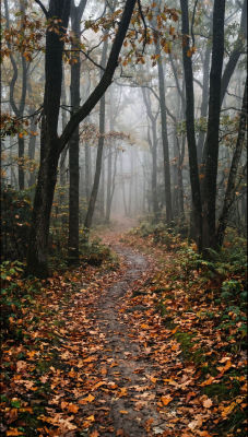 AI-generated image of a misty autumn forest path