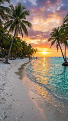 AI-generated tropical beach sunset scene with palm trees
