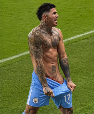 AI-generated image resembling Enzo Fernandez celebrating in Manchester City kit